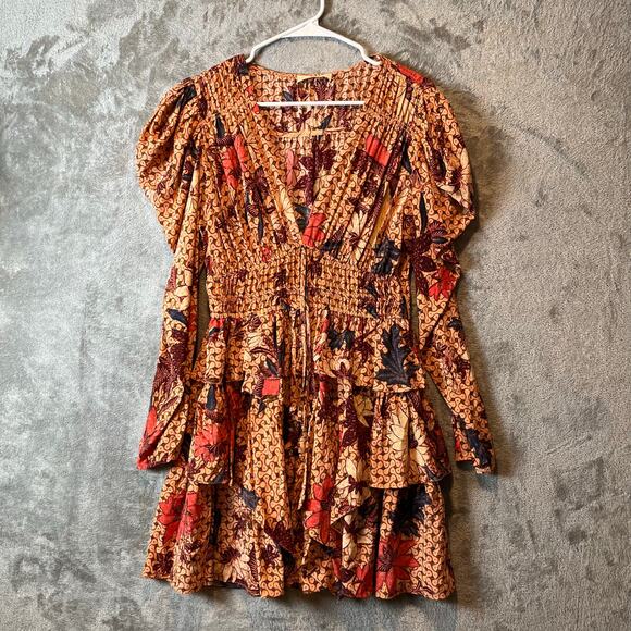 Ulla Johnson Oni Ruffled Mini Dress Orange Garden Rose Floral 100% Silk Size 6 - Picture 1 of 6
